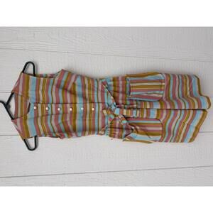 Vintage Sleeveless Striped Dress with Button Front and Pockets